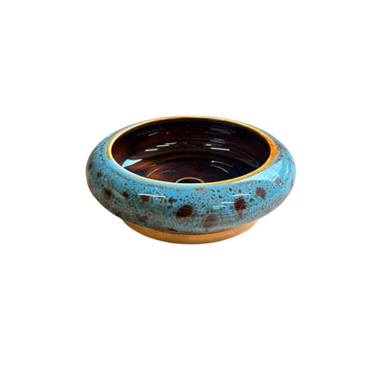 Blue Glazed Ceramic Bonsai Pot with Wooden Base