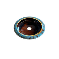 Blue Glazed Ceramic Bonsai Pot with Wooden Base