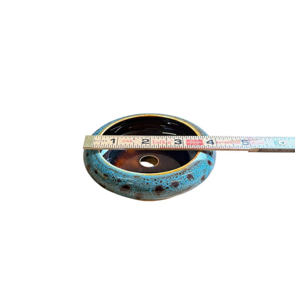 Blue Glazed Ceramic Bonsai Pot with Wooden Base