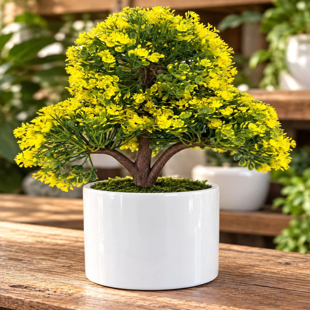 Artificial Yellow Blossom Bonsai Tree in White Pot